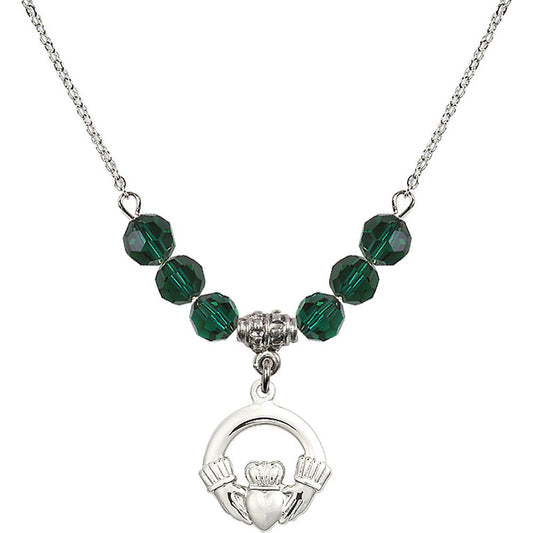 Sterling Silver Claddagh Birthstone Necklace with Emerald Beads - 4138