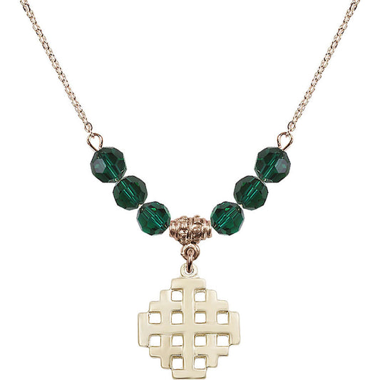 14kt Gold Filled Jerusalem Cross Birthstone Necklace with Emerald Beads - 4139