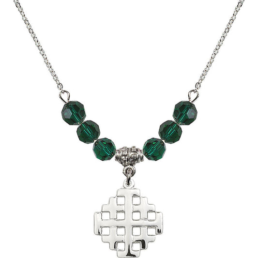 Sterling Silver Jerusalem Cross Birthstone Necklace with Emerald Beads - 4139
