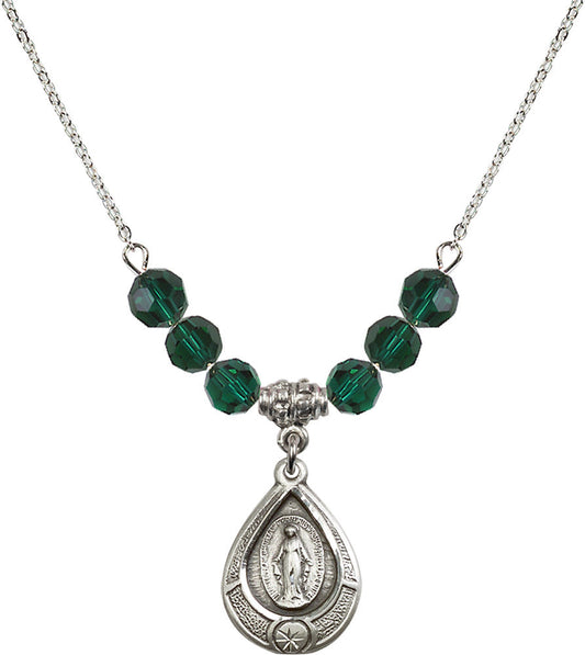 Sterling Silver Miraculous Birthstone Necklace with Emerald Beads - 4144