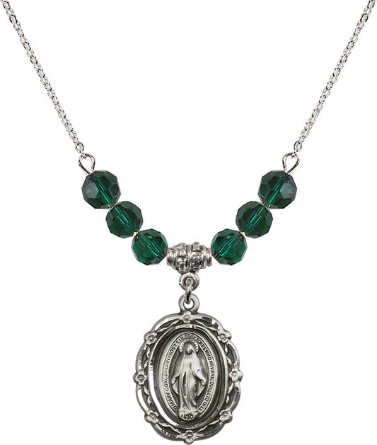 Sterling Silver Miraculous Birthstone Necklace with Emerald Beads - 4146