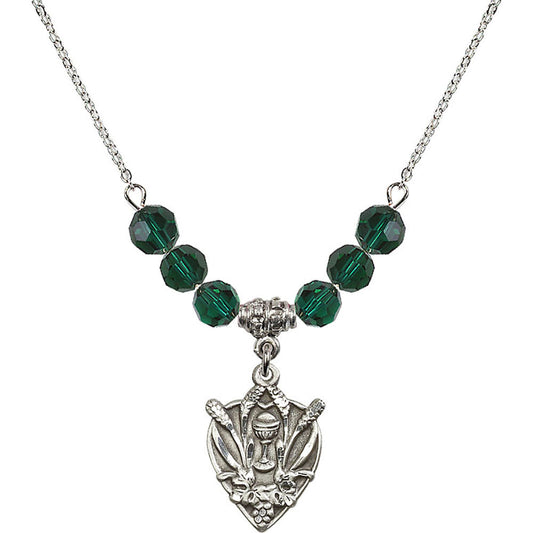 Sterling Silver Communion Birthstone Necklace with Emerald Beads - 4200
