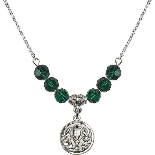 Sterling Silver Communion Chalice Birthstone Necklace with Emerald Beads - 4203
