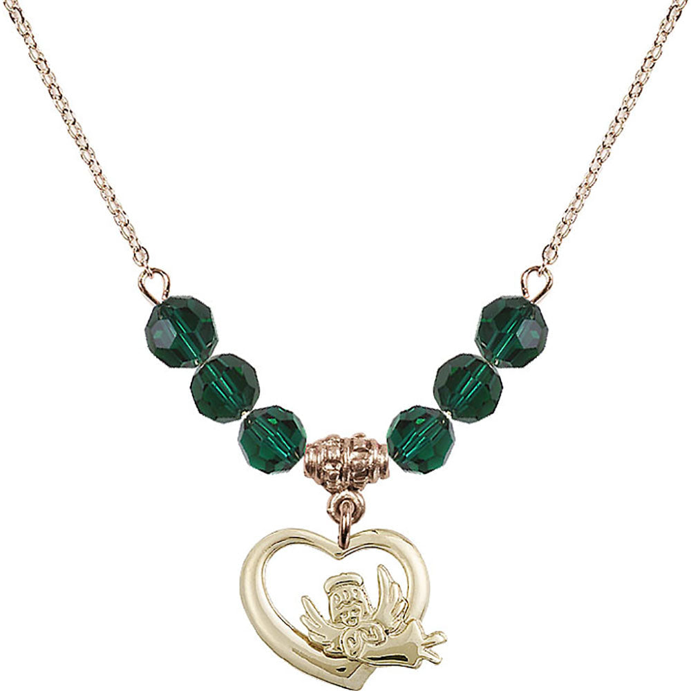 14kt Gold Filled Heart / Guardian Angel Birthstone Necklace with Emerald Beads - 4206