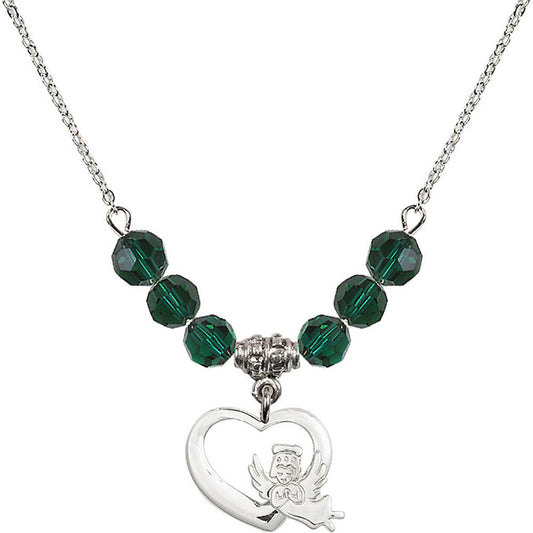 Sterling Silver Heart / Guardian Angel Birthstone Necklace with Emerald Beads - 4206