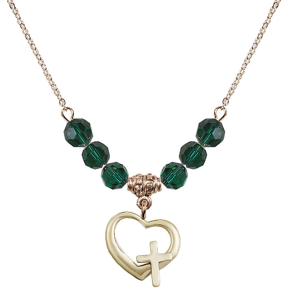 14kt Gold Filled Heart / Cross Birthstone Necklace with Emerald Beads - 4207