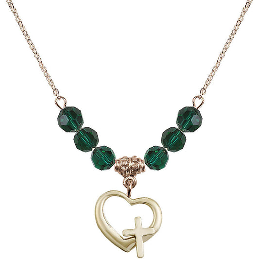 14kt Gold Filled Heart / Cross Birthstone Necklace with Emerald Beads - 4207