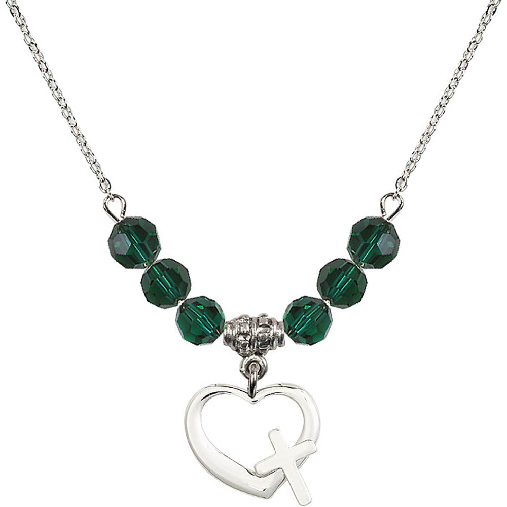 Sterling Silver Heart / Cross Birthstone Necklace with Emerald Beads - 4207