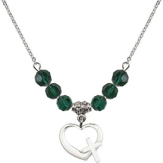 Sterling Silver Heart / Cross Birthstone Necklace with Emerald Beads - 4207