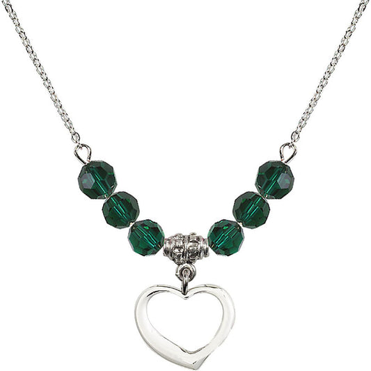 Sterling Silver Heart Birthstone Necklace with Emerald Beads - 4208
