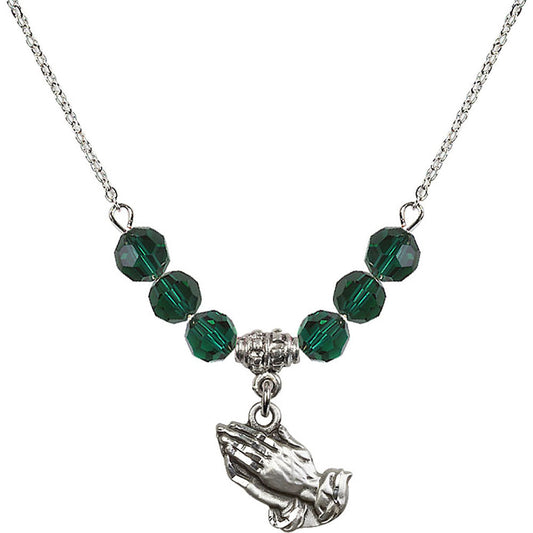 Sterling Silver Praying Hands Birthstone Necklace with Emerald Beads - 4219