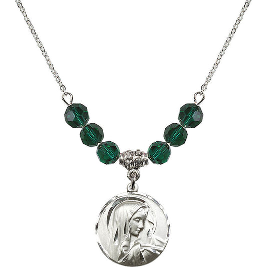 Sterling Silver Sorrowful Mother Birthstone Necklace with Emerald Beads - 4249