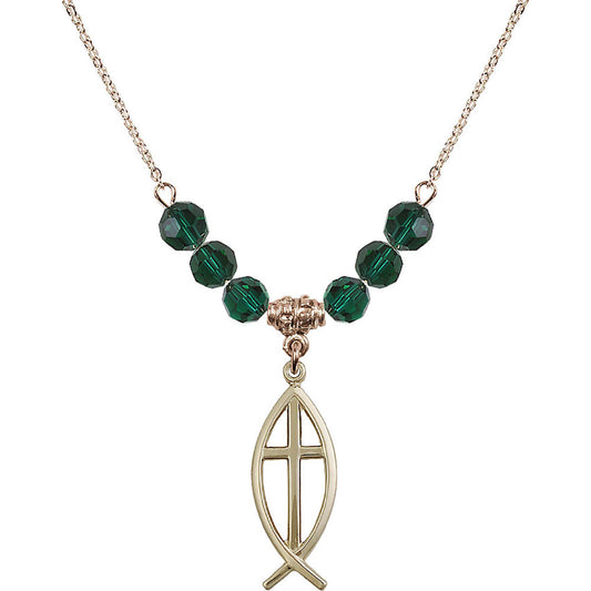 14kt Gold Filled Fish / Cross Birthstone Necklace with Emerald Beads - 4252