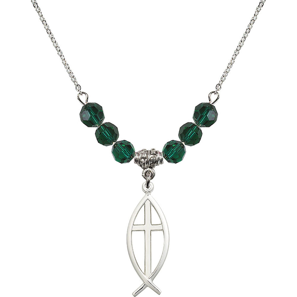 Sterling Silver Fish / Cross Birthstone Necklace with Emerald Beads - 4252
