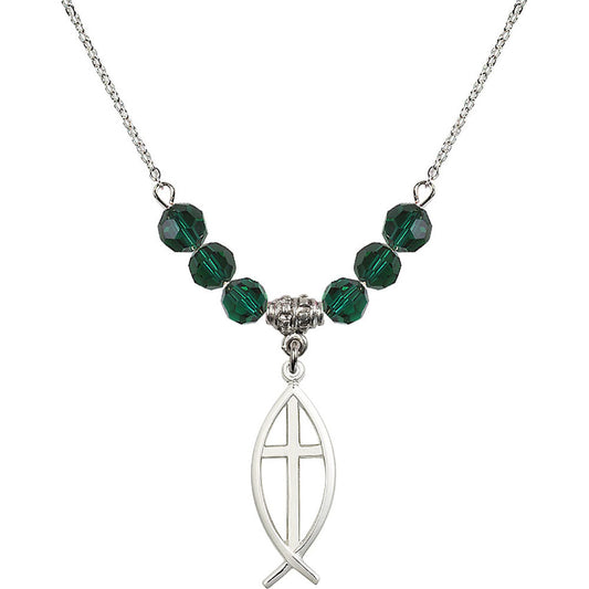 Sterling Silver Fish / Cross Birthstone Necklace with Emerald Beads - 4252
