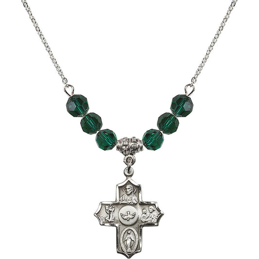 Sterling Silver 5-Way Birthstone Necklace with Emerald Beads - 4255