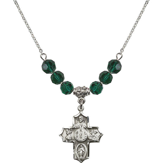Sterling Silver 4-Way Birthstone Necklace with Emerald Beads - 4256