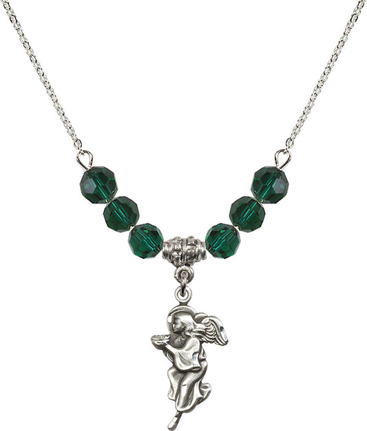 Sterling Silver Guardian Angel Birthstone Necklace with Emerald Beads - 4260