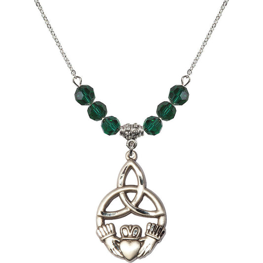 Sterling Silver Irish Knot / Claddagh Birthstone Necklace with Emerald Beads - 5102