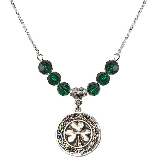Sterling Silver Shamrock w/ Celtic Border Birthstone Necklace with Emerald Beads - 5106
