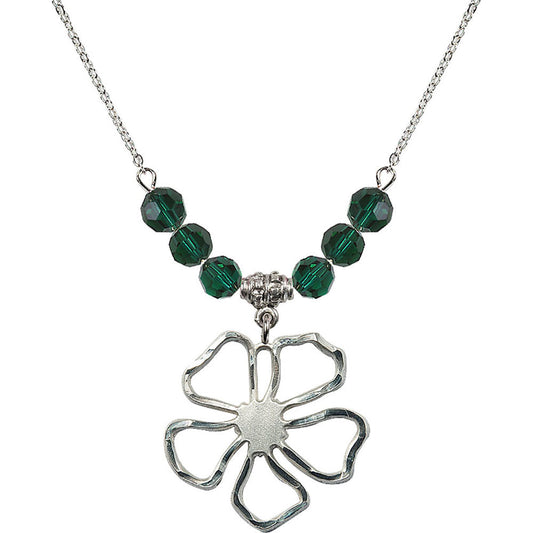 Sterling Silver Five Pedal Flower Birthstone Necklace with Emerald Beads - 5109