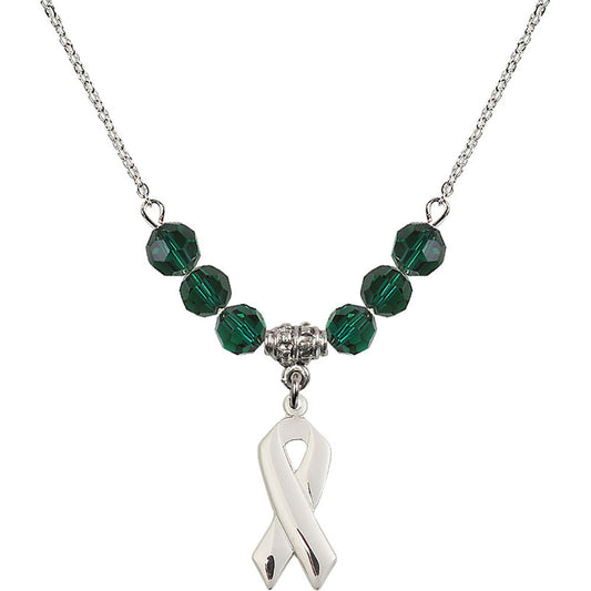 Sterling Silver Cancer Awareness Birthstone Necklace with Emerald Beads - 5150