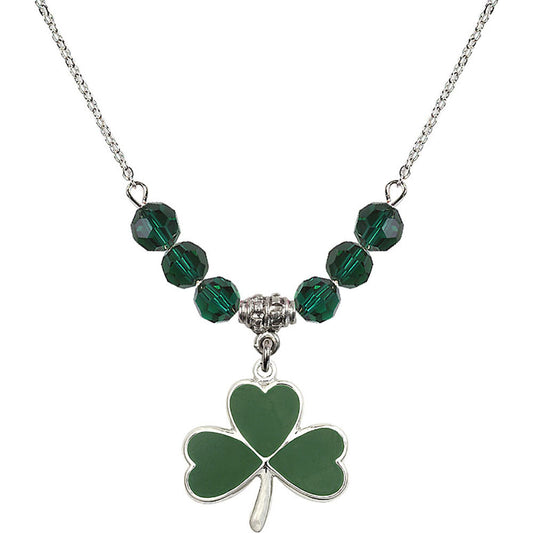 Sterling Silver Shamrock Birthstone Necklace with Emerald Beads - 5248