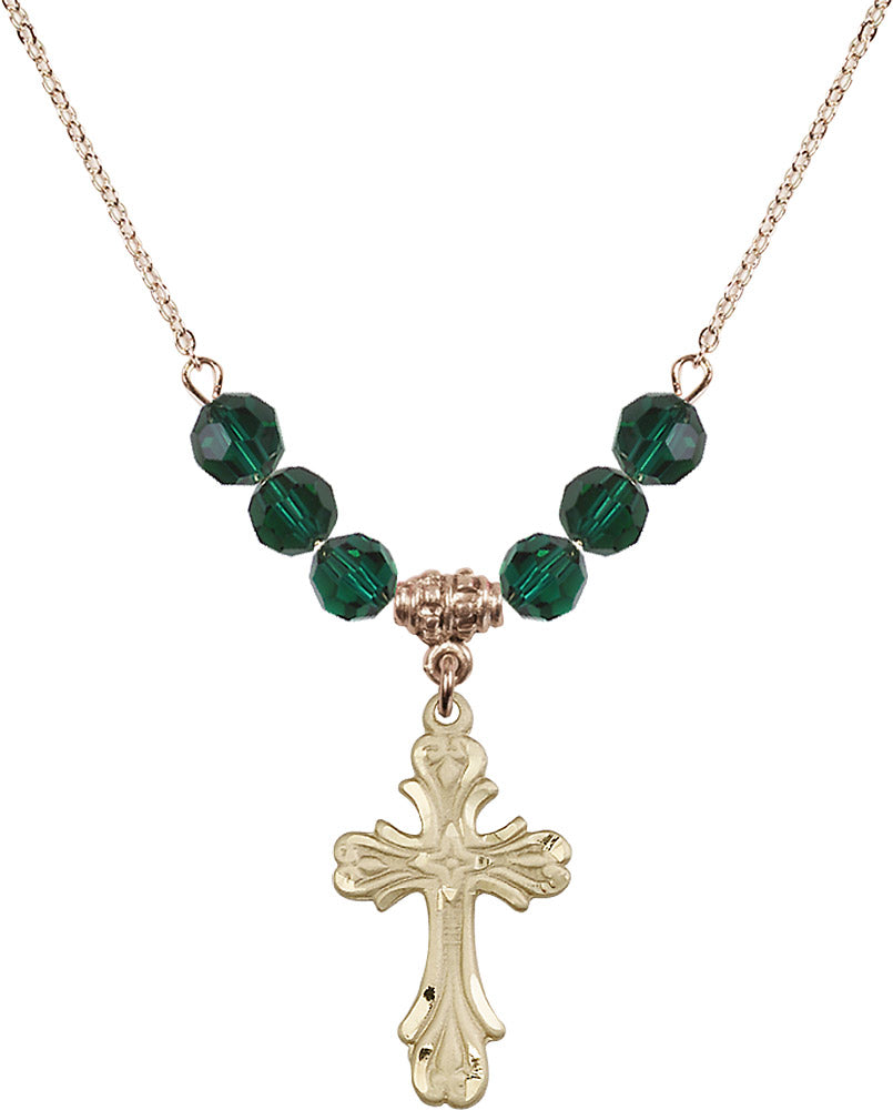 14kt Gold Filled Cross Birthstone Necklace with Emerald Beads - 5419