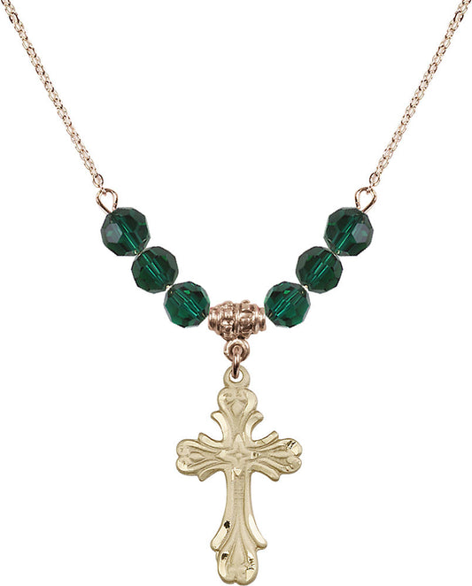 14kt Gold Filled Cross Birthstone Necklace with Emerald Beads - 5419