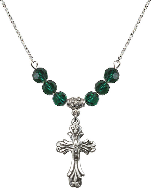 Sterling Silver Cross Birthstone Necklace with Emerald Beads - 5419