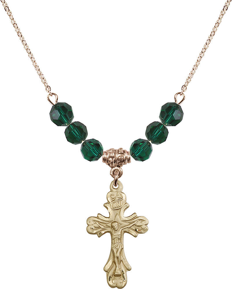 14kt Gold Filled Crucifix Birthstone Necklace with Emerald Beads - 5421