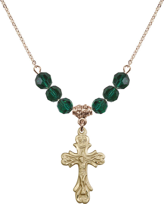 14kt Gold Filled Crucifix Birthstone Necklace with Emerald Beads - 5421