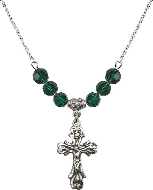 Sterling Silver Crucifix Birthstone Necklace with Emerald Beads - 5421
