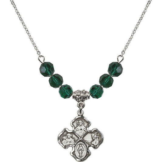 Sterling Silver 4-Way Birthstone Necklace with Emerald Beads - 5441