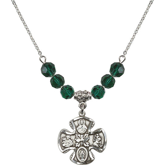 Sterling Silver 5-Way Birthstone Necklace with Emerald Beads - 5443