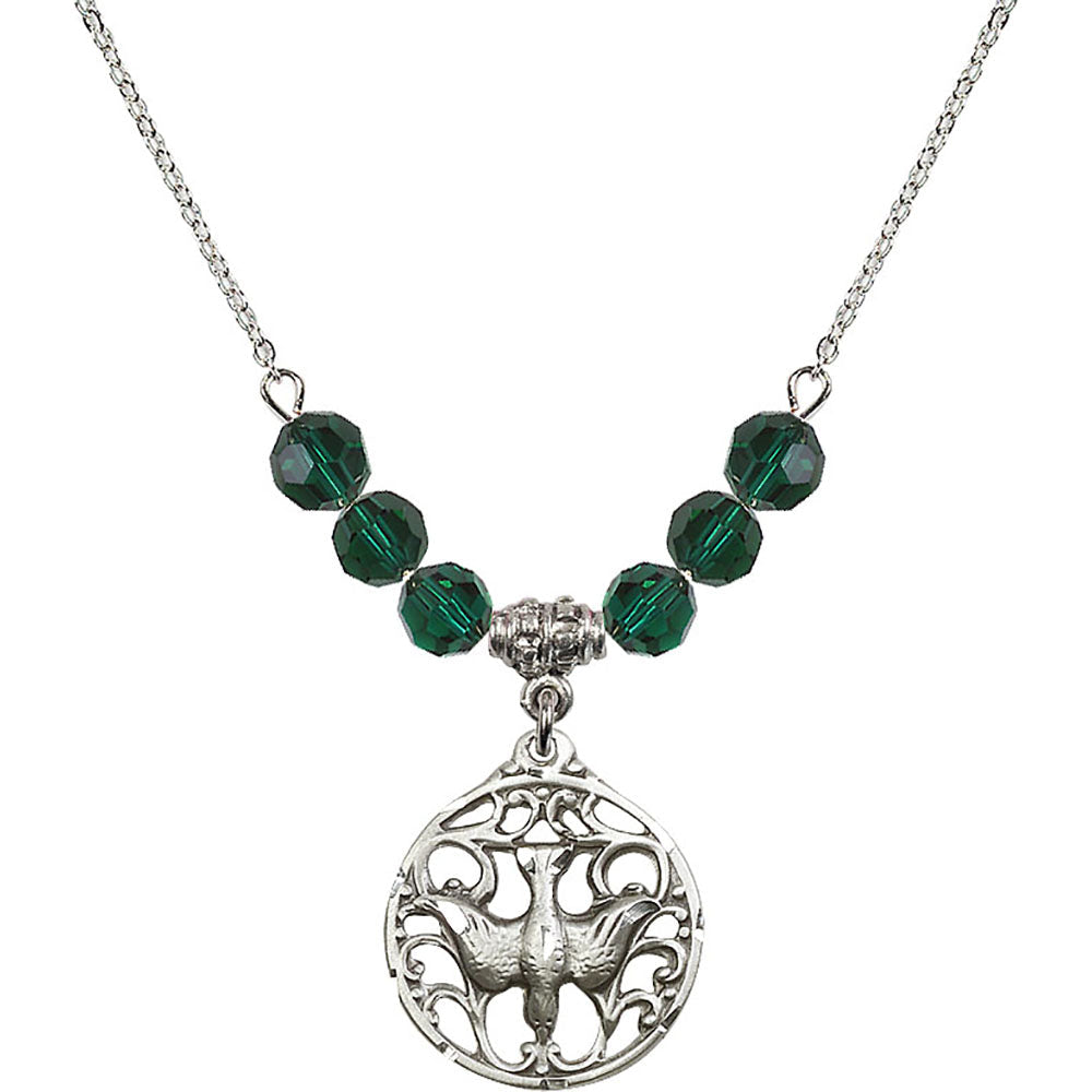 Sterling Silver Holy Spirit Birthstone Necklace with Emerald Beads - 5655
