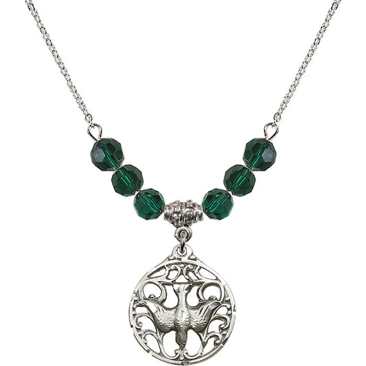 Sterling Silver Holy Spirit Birthstone Necklace with Emerald Beads - 5655