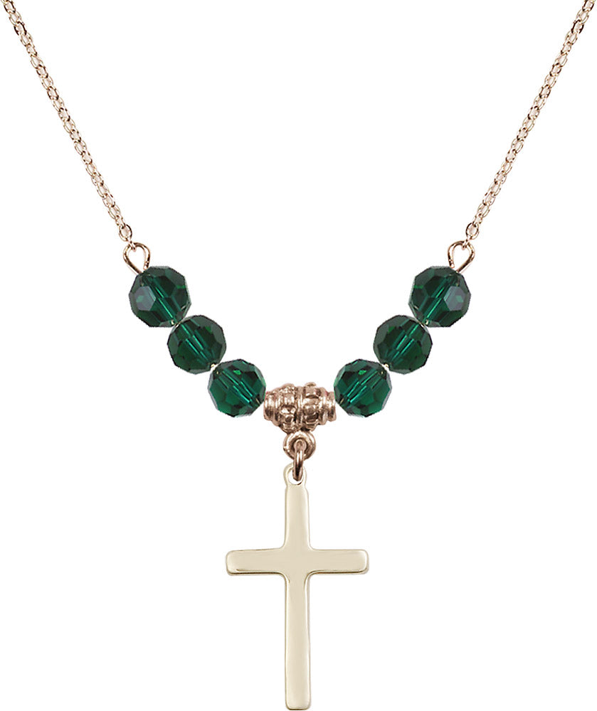 14kt Gold Filled Cross Birthstone Necklace with Emerald Beads - 5670