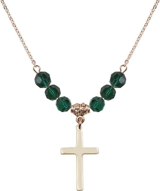 14kt Gold Filled Cross Birthstone Necklace with Emerald Beads - 5670