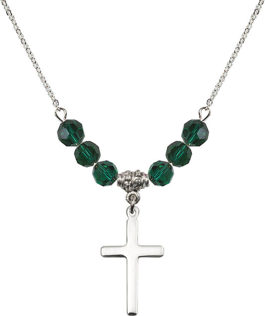 Sterling Silver Cross Birthstone Necklace with Emerald Beads - 5670