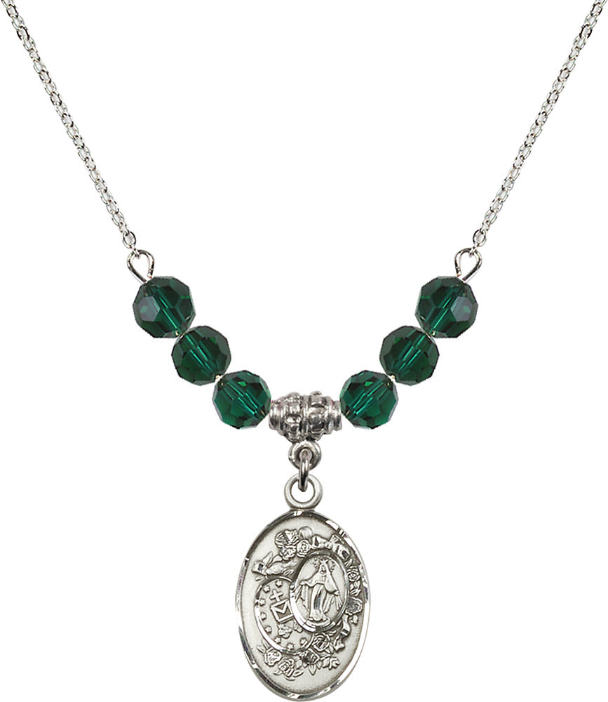 Sterling Silver Miraculous Birthstone Necklace with Emerald Beads - 5682