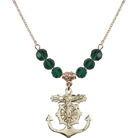 14kt Gold Filled Anchor Crucifix Birthstone Necklace with Emerald Beads - 5685