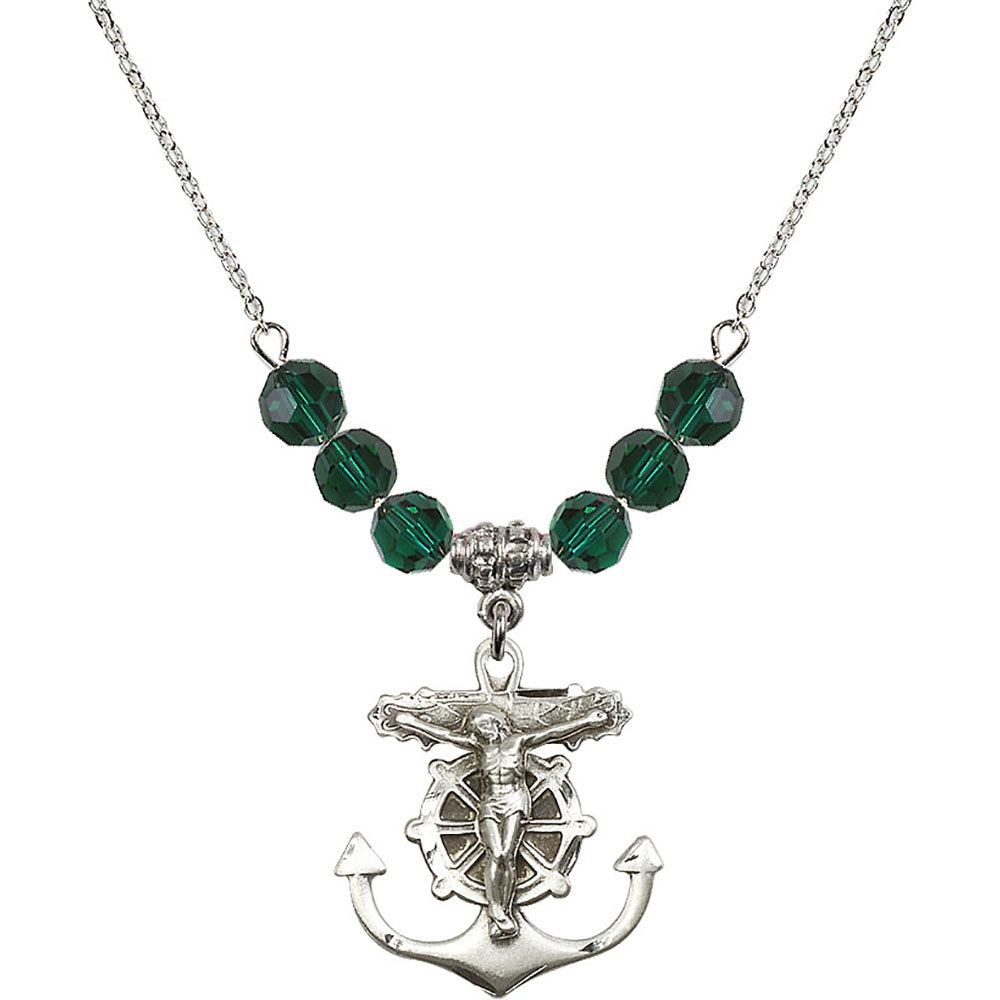 Sterling Silver Anchor Crucifix Birthstone Necklace with Emerald Beads - 5685