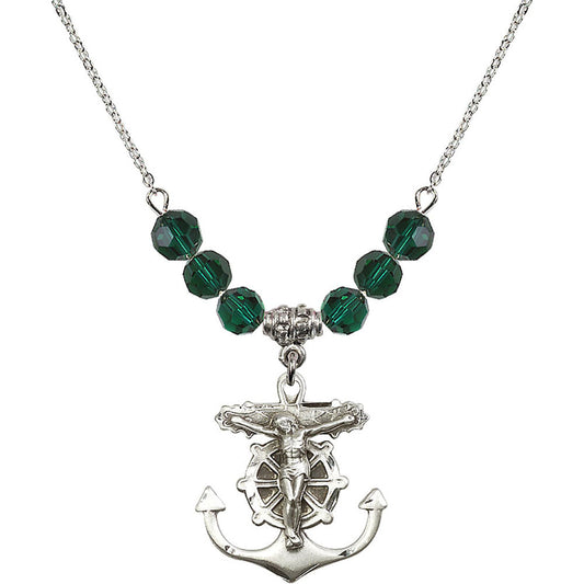 Sterling Silver Anchor Crucifix Birthstone Necklace with Emerald Beads - 5685