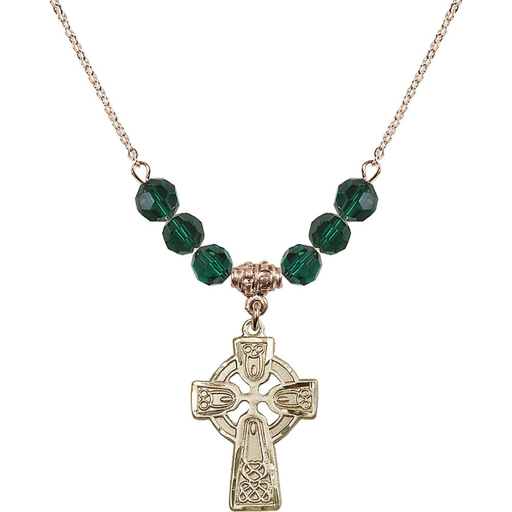 14kt Gold Filled Celtic Cross Birthstone Necklace with Emerald Beads - 5689