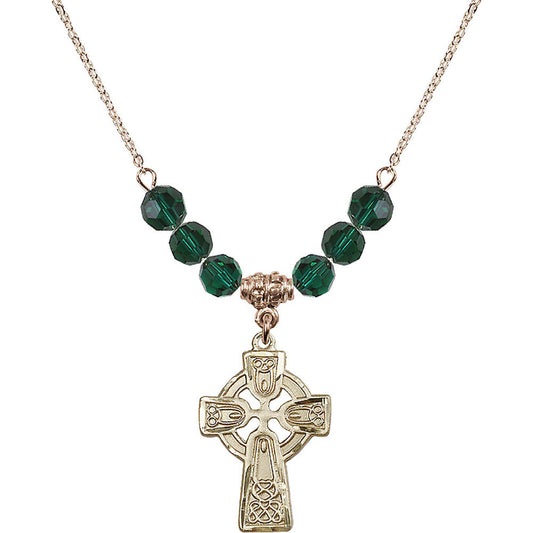 14kt Gold Filled Celtic Cross Birthstone Necklace with Emerald Beads - 5689