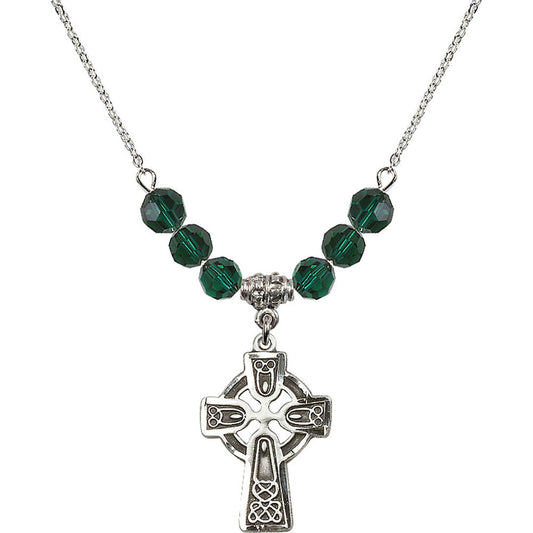 Sterling Silver Celtic Cross Birthstone Necklace with Emerald Beads - 5689