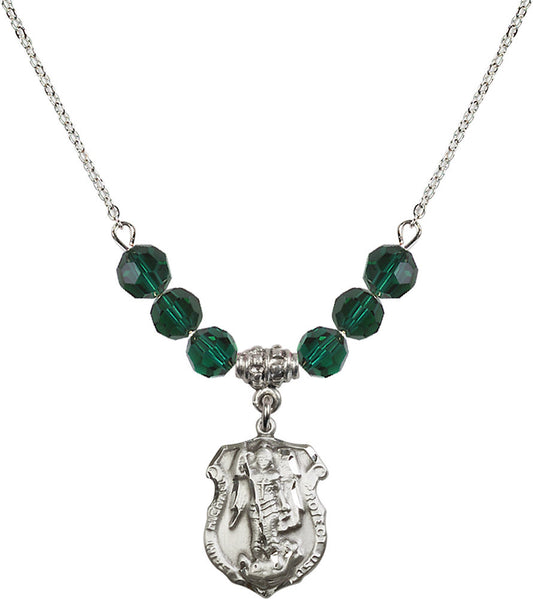 Sterling Silver Saint Michael the Archangel Birthstone Necklace with Emerald Beads - 5692