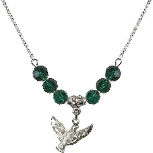 Sterling Silver Holy Spirit Birthstone Necklace with Emerald Beads - 5912