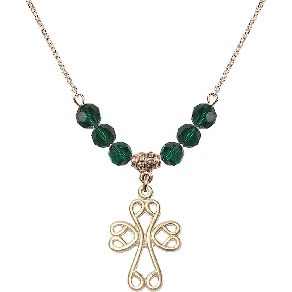 14kt Gold Filled Scroll Cross Birthstone Necklace with Emerald Beads - 5998
